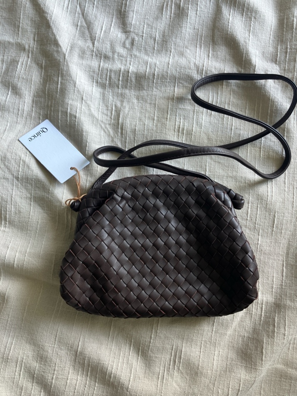 Quince Italian Leather Handwoven Pouch Crossbody Clutch Brown NWOT - Picture 2 of 6
